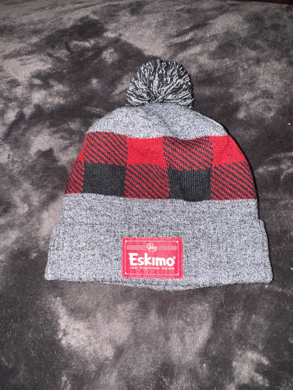 Eskimo Ice Fishing Gear Winter Hat Gray Red Buffalo Plaid Acrylic Knit